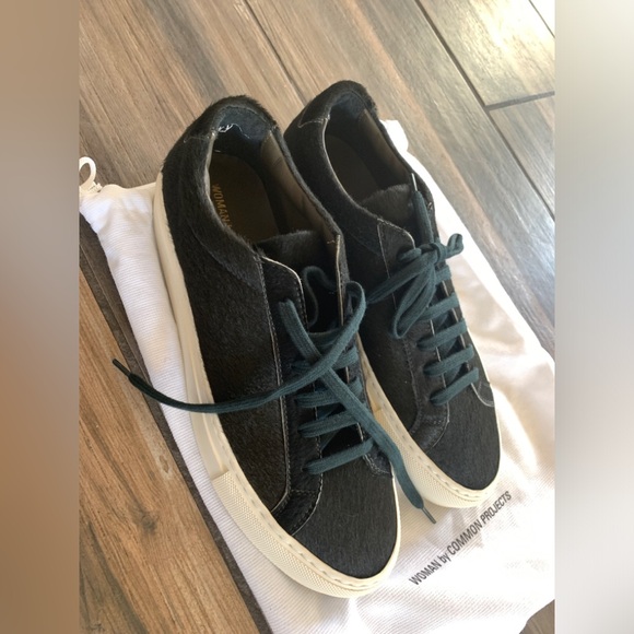 Common Projects Shoes - New Women by Common Projects Black Leather Cal Hair Sneakers